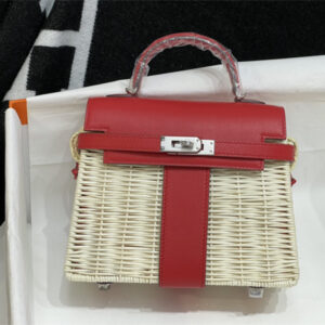 Kelly Mini Picnic Bag 20 Swift Leather Wicker Silver Tone Hardware Red Color HS