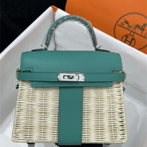Kelly Mini Picnic Bag 20 Swift Leather Wicker Silver Tone Hardware Green Color HS
