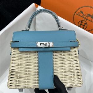 Kelly Mini Picnic Bag 20 Swift Leather Wicker Silver Tone Hardware Blue Color HS