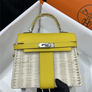 Kelly Mini Picnic Bag 20 Swift Leather Wicker Silver Tone Hardware Yellow Color HS