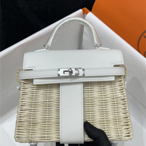 Kelly Mini Picnic Bag 20 Swift Leather Wicker Silver Tone Hardware White Color HS