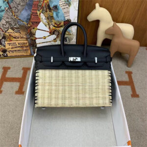 Bir.kin Picnic bag 25 Swift Leather Wicker Silver Tone Hardware Black HS