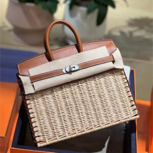 Bir.kin Picnic bag 25 Swift Leather Wicker Silver Tone Hardware Brown HS