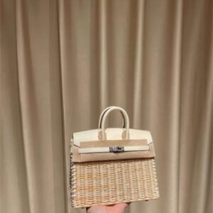 Bir.kin Picnic bag 25 Swift Leather Wicker Silver Tone Hardware White HS