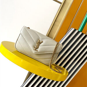 Y.S.L LOULOU Mini in MATELASSÉ lambskin Gold Tone Metal White