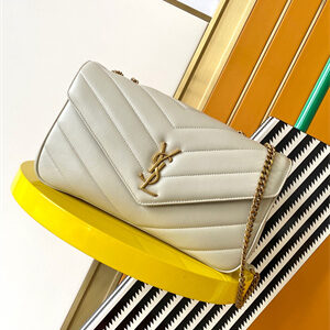 Y.S.L LOULOU Medium in MATELASSÉ lambskin Gold Tone Metal White