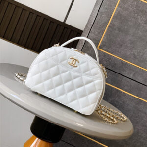 Chanel Mini Top Handle Bag With Chain Grained Calfskin Gold Tone Metal White AP4438