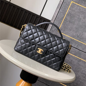 CHANEL Flap Bag With Top Handle Lambskin Gold Tone Metal Black AS5356