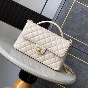 CHANEL Flap Bag With Top Handle Lambskin Gold Tone Metal Beige AS5356