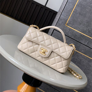 CHANEL Mini Flap Bag With Top Handle Lambskin Gold Tone Metal Beige AS5354