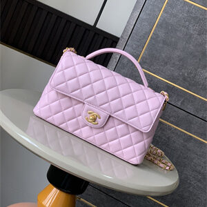 CHANEL Flap Bag With Top Handle Lambskin Gold Tone Metal Pink AS5356