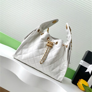 Chanel 25 Small Handbag Grained Calfskin Gold Tone Metal White AS5293