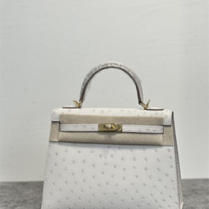Kelly Sellier Bag Ostrich Leather 25 Gold/Silver Hardware In Craie Color HS