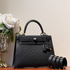 Kelly Sellier Bag Ostrich Leather 25 Gold/Silver Hardware In Black Color HS