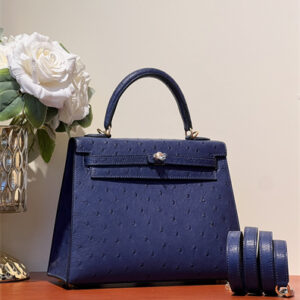 Kelly Sellier Bag Ostrich Leather 25 Gold/Silver Hardware In Navy Color HS