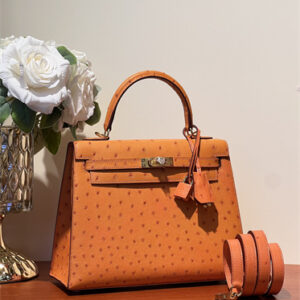 Kelly Sellier Bag Ostrich Leather 25 Gold/Silver Hardware In Orange Color HS