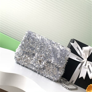 Cha.nel Flap Bag Sequins and Silver Tone Metal Grey AS4561
