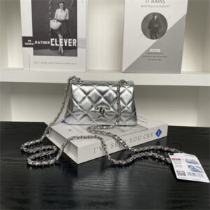 Chanel Mini FLAP PHONE HOLDER WITH CHAIN Lambskin Silver-Tone Metal Silver AP4593