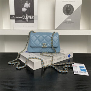 Chanel Mini FLAP PHONE HOLDER WITH CHAIN Lambskin Gold-Tone Metal Blue AP4593