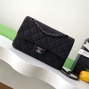 Cha.nel Medium Classic Flap Bag With Pearl Gold Tone Metal Black AS1112