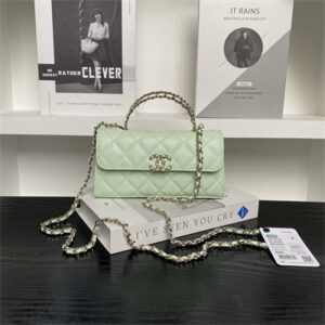 Cha.nel Clutch With Chain Top Handle Grained Calfskin Gold Tone Metal Lt Green AP3238