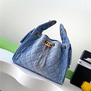 Chanel 25 Small Handbag Blue Denim Gold Tone Metal AS5293