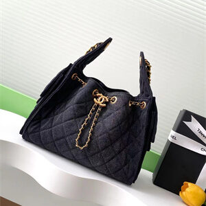 Chanel 25 Small Handbag Black Denim Gold Tone Metal AS5293