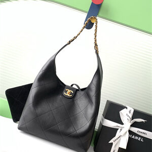 Chanel Large Hobo Bag Lambskin Gold Tone Metal Black AS5425