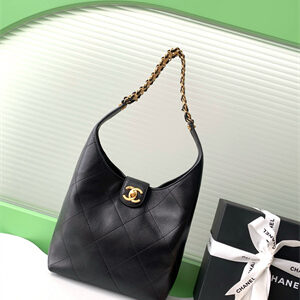 Chanel Hobo Bag Lambskin Gold Tone Metal Black AS5403