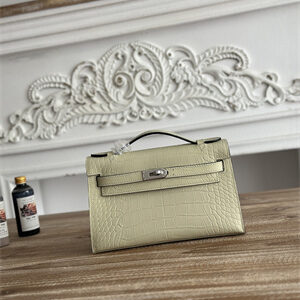 Kelly Pochette Bag Embossed Crocodile Silver Tone Hardware Vanille HS