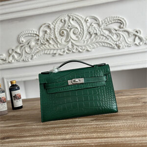 Kelly Pochette Bag Embossed Crocodile Silver Tone Hardware Dk Green HS