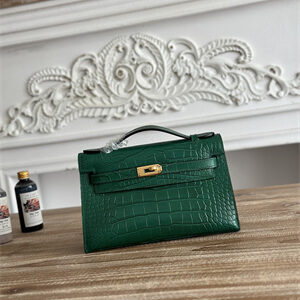 Kelly Pochette Bag Embossed Crocodile Gold Tone Hardware Dk Green HS