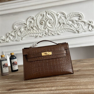 Kelly Pochette Bag Embossed Crocodile Gold Tone Hardware Brown HS