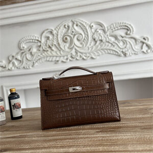 Kelly Pochette Bag Embossed Crocodile Silver Tone Hardware Brown HS