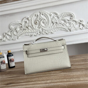 Kelly Pochette Bag Embossed Crocodile Silver Tone Hardware Craie HS
