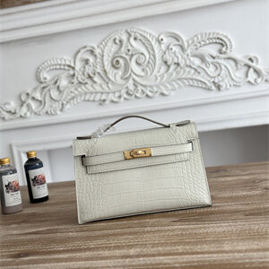 Kelly Pochette Bag Embossed Crocodile Gold Tone Hardware Craie HS