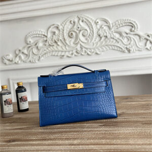 Kelly Pochette Bag Embossed Crocodile Gold Tone Hardware Blue Hydra HS