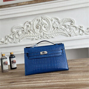 Kelly Pochette Bag Embossed Crocodile Silver Tone Hardware Blue Hydra HS
