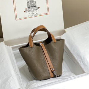 Picotin Lock Bag 18 Togo Leather Silver Tone Metal In Etoupe/Gold HS