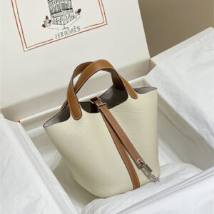 Picotin Lock Bag 18 Togo Leather Silver Tone Metal In Craie/Gold HS