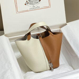 Picotin Lock Bag 18 Togo Leather Silver Tone Metal In Craie/Gold HS