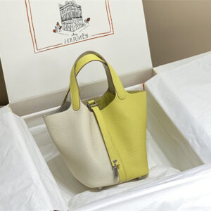 Picotin Lock Bag 18 Togo Leather Silver Tone Metal In Craie/Jaune Poussin HS