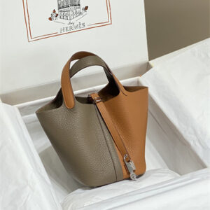 Picotin Lock Bag 18 Togo Leather Silver Tone Metal In Etoupe/Gold HS