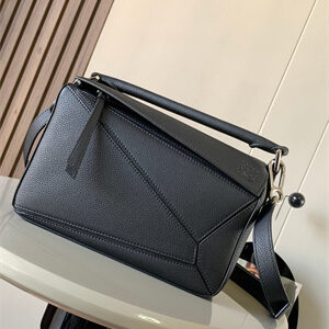 Loewe Small Puzzle Bag In Soft Grained Calfskin Silver Tone Metal Black