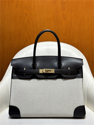Bir.kin Bag Swift Leather & Canvas 25/30 Gold/Silver Hardware In Black ...