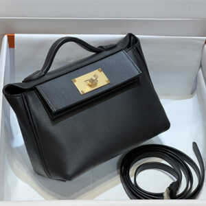 Hermes 2424 Mini Bag Evercolor/ Swift Leather Gold/Silver Tone Metal Black Color HS
