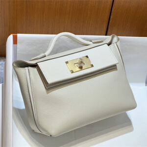 Hermes 2424 Mini Bag Evercolor/ Swift Leather Gold/Silver Tone Metal Craie Color HS