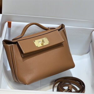 Hermes 2424 Mini Bag Evercolor/ Swift Leather Gold/Silver Tone Metal Gold Color HS