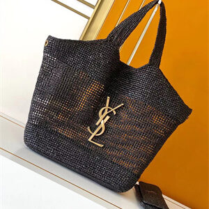 Y.S.L ICARE MAXI SHOPPING BAG IN Raffia Gold Tone Metal Black