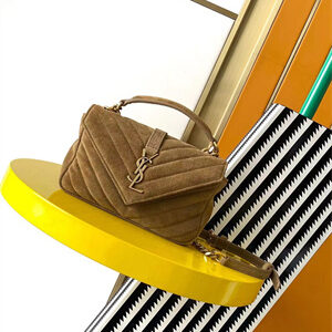 Y.S.L COLLEGE Mini BAG IN QUILTED Suede Leather Gold Tone Metal Brown Color